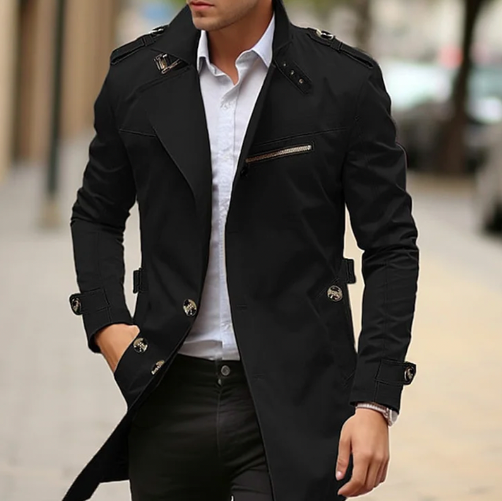Men’s Military-Inspired Trench Coat – Tailored Mid-Length Layer with Epaulette Details