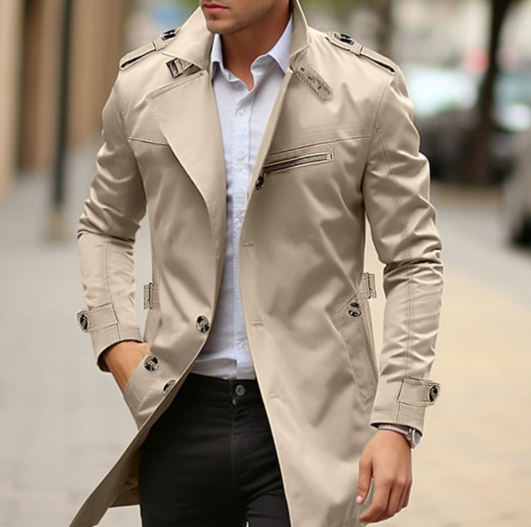 Men’s Military-Inspired Trench Coat – Tailored Mid-Length Layer with Epaulette Details