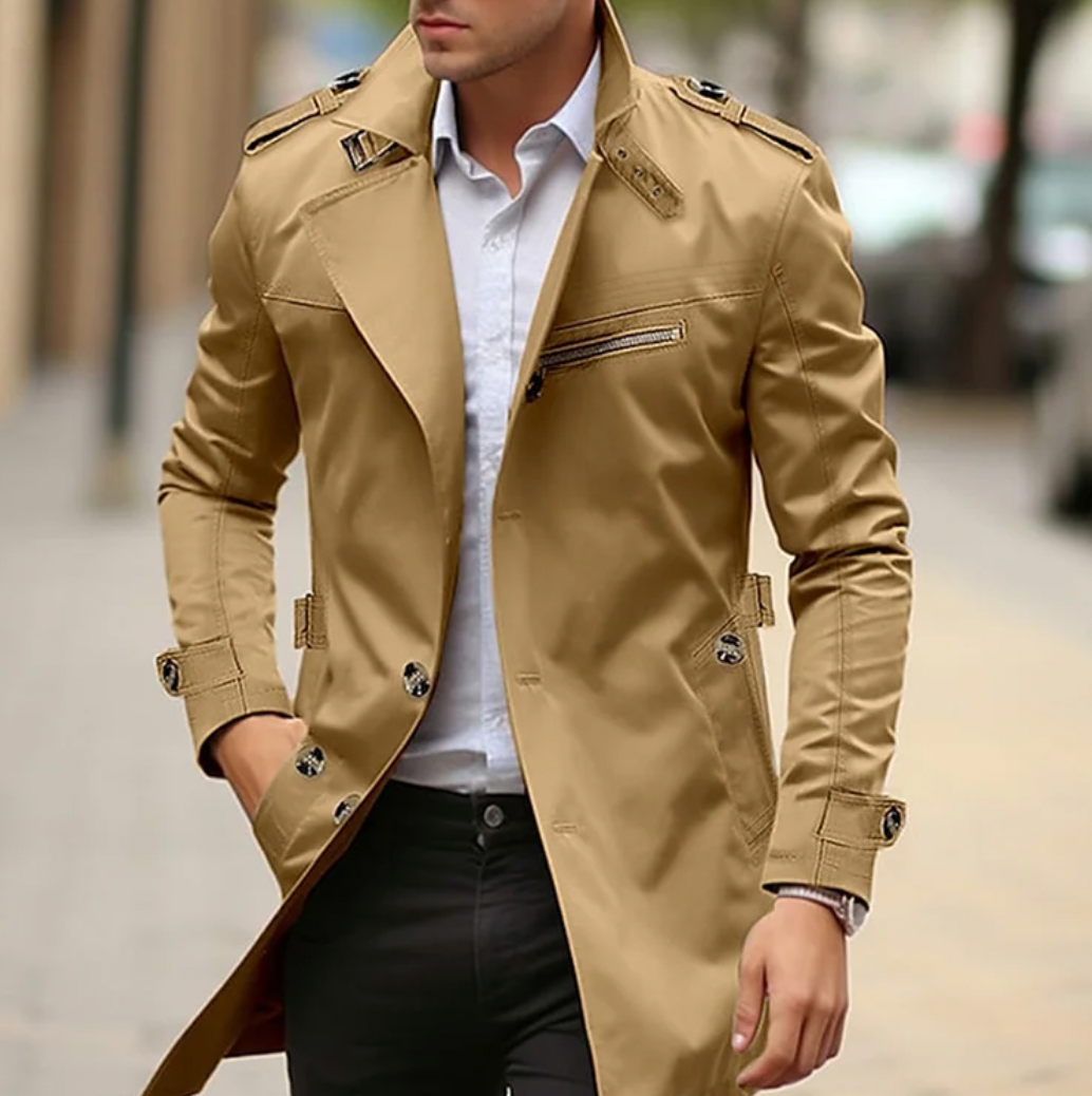 Men’s Military-Inspired Trench Coat – Tailored Mid-Length Layer with Epaulette Details