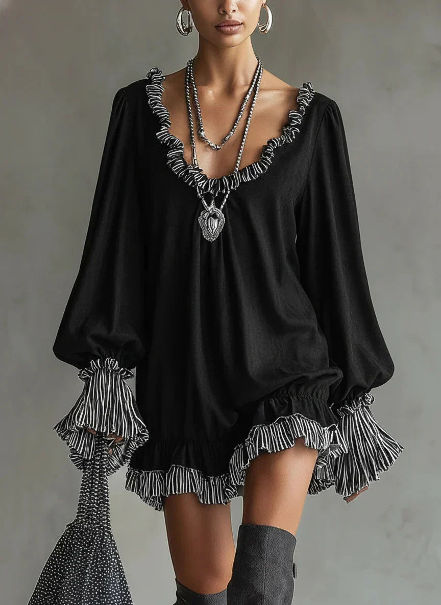 Robe courte à volants et col en V pour femme - style décontracté à manches longues pour les fêtes, les soirées et les occasions spéciales