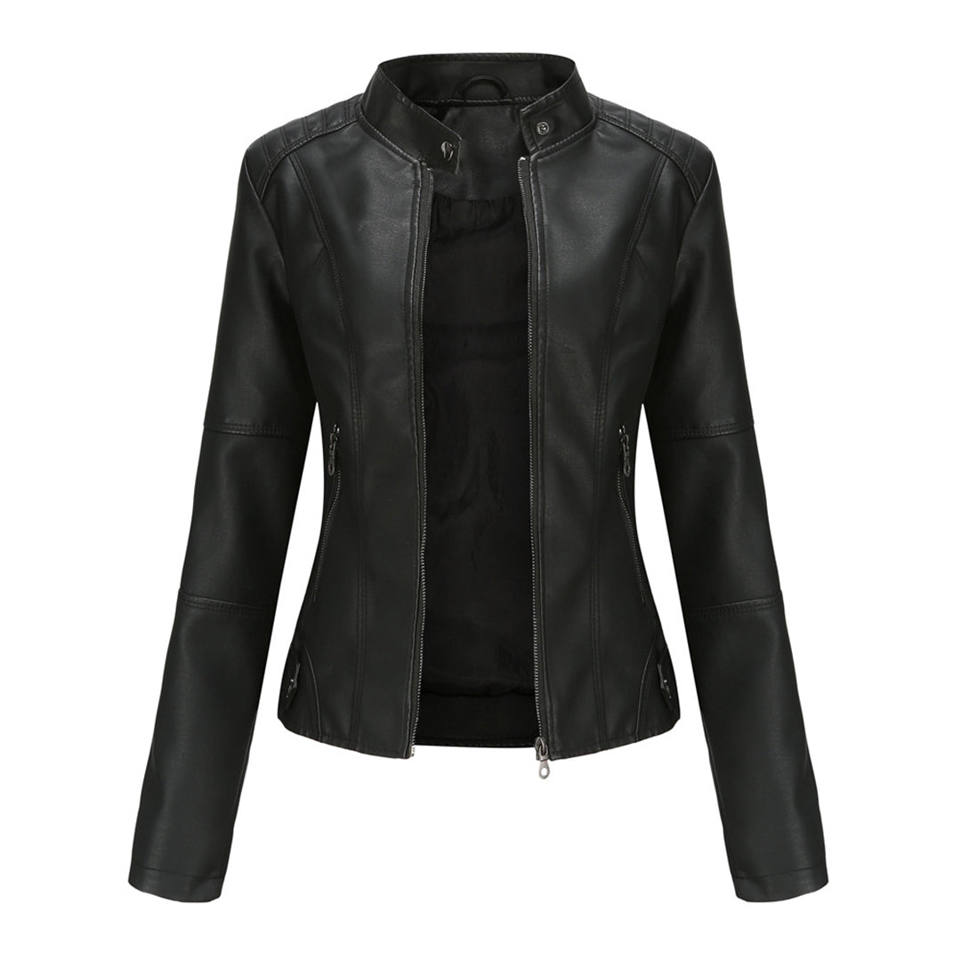 Women’s Faux Leather Biker Jacket – Fitted Zip-Up Layer for Autumn City Wear