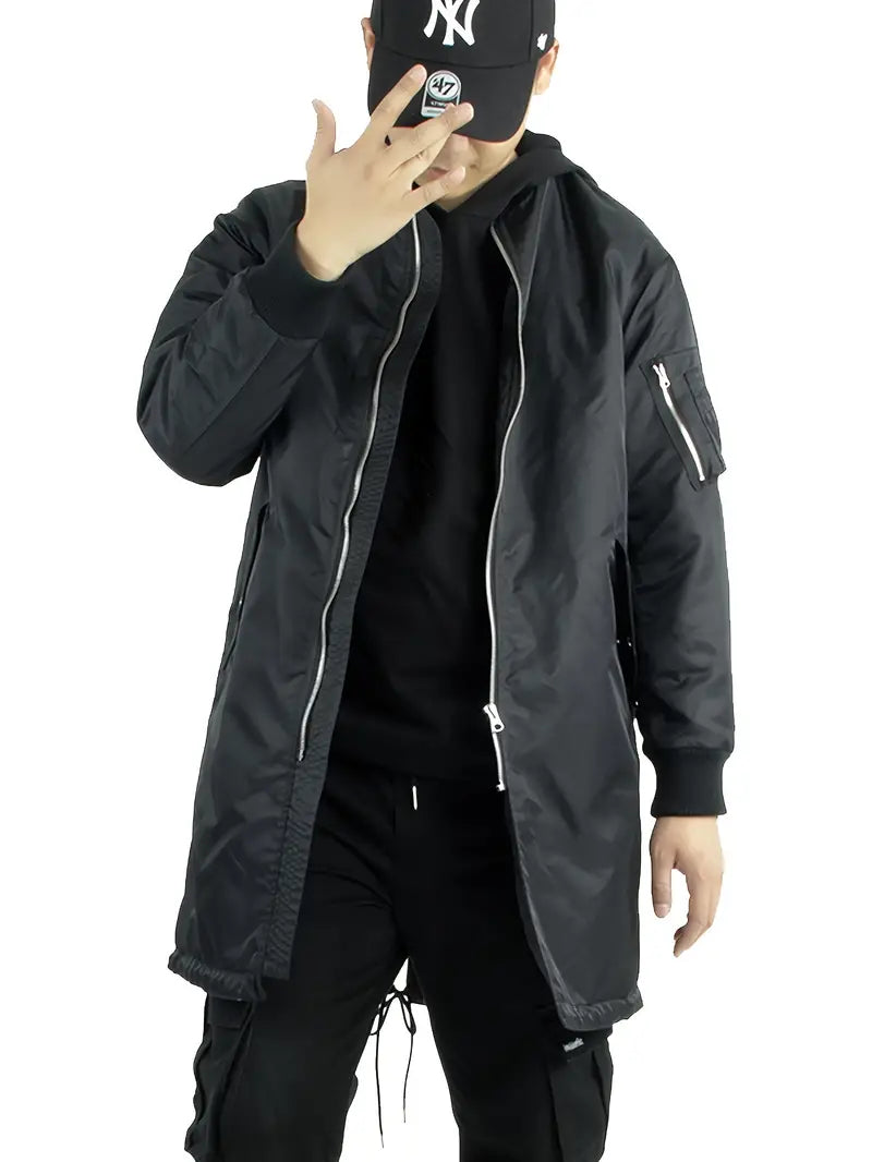 Men’s Longline Thermal Bomber Jacket – Wind-Resistant Zip-Up Layer for Casual Autumn Winter Streetwear City Travel and Everyday Cold-Weather Dressing