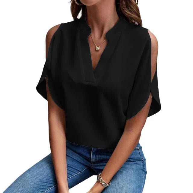 Women’s Cold Shoulder Blouse with Split Flutter Sleeves and Notched V-Neck – Relaxed Summer Style for Work and Dinner Outfits