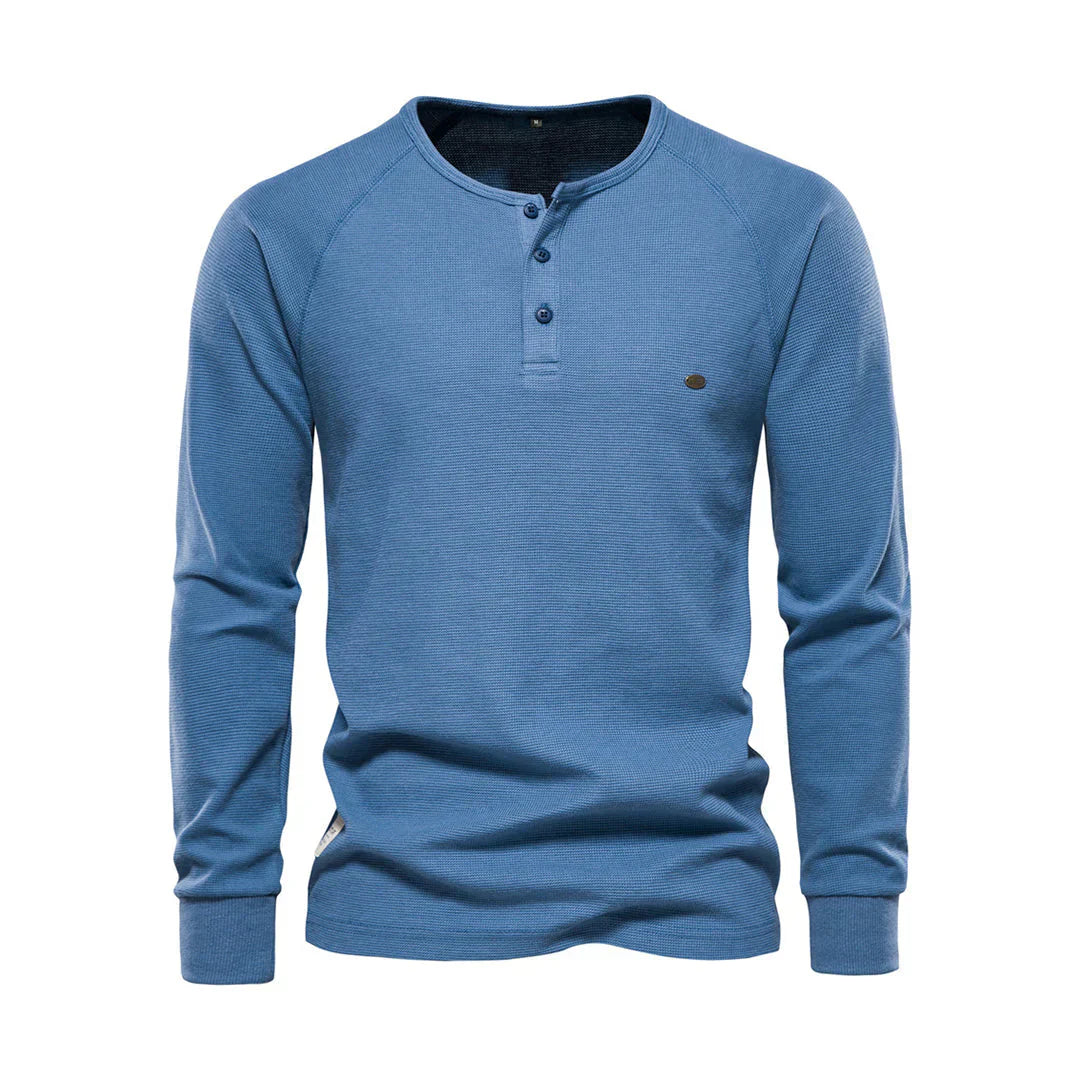 Camiseta Henley para hombre, manga larga, cuello con botones, casual