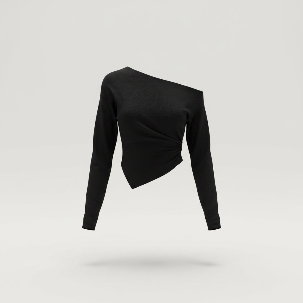 Women’s Off-Shoulder Draped Top – Asymmetric Long Sleeve Statement Blouse for Day to Evening Wear