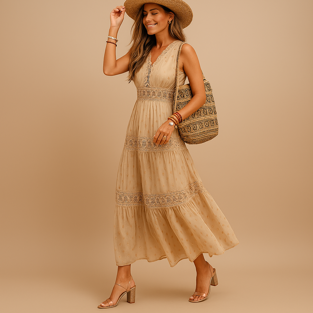 Dámské boho letní šaty lehké, vzdušné, ve stylu Ibiza, volný střih, outfit na plážový festival