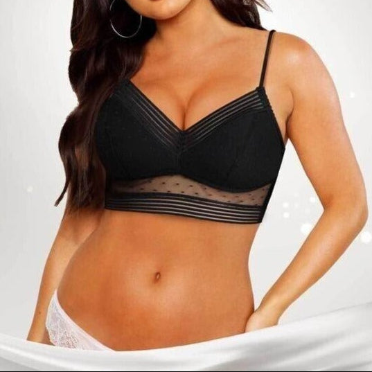 Soutien-gorge sans armatures pour femme, avec empiècements en tulle transparent et décolleté en V - Modèle long à bretelles fines pour tous les jours