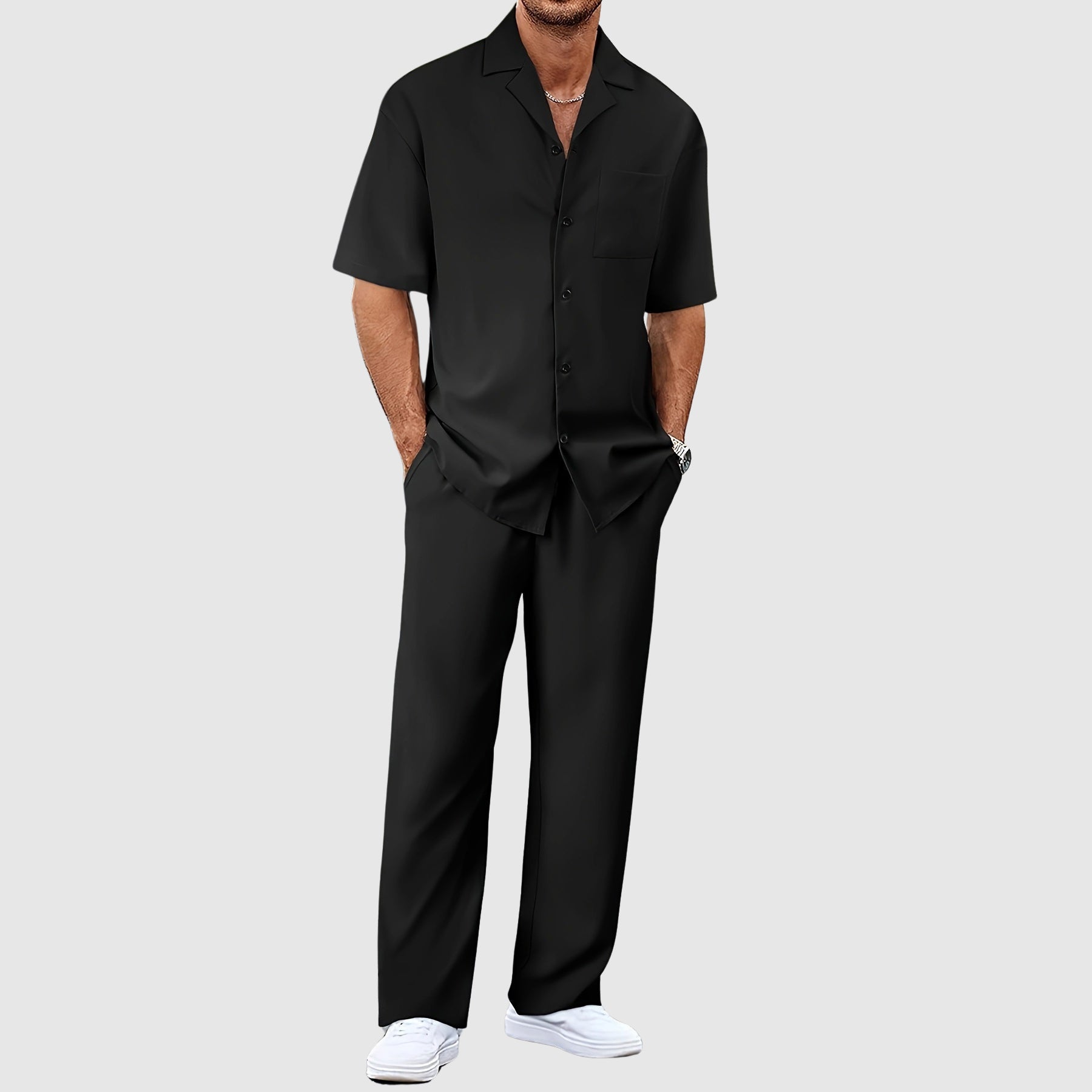 Men’s Resort Co-Ord Set Revere Collar Relaxed Trousers
