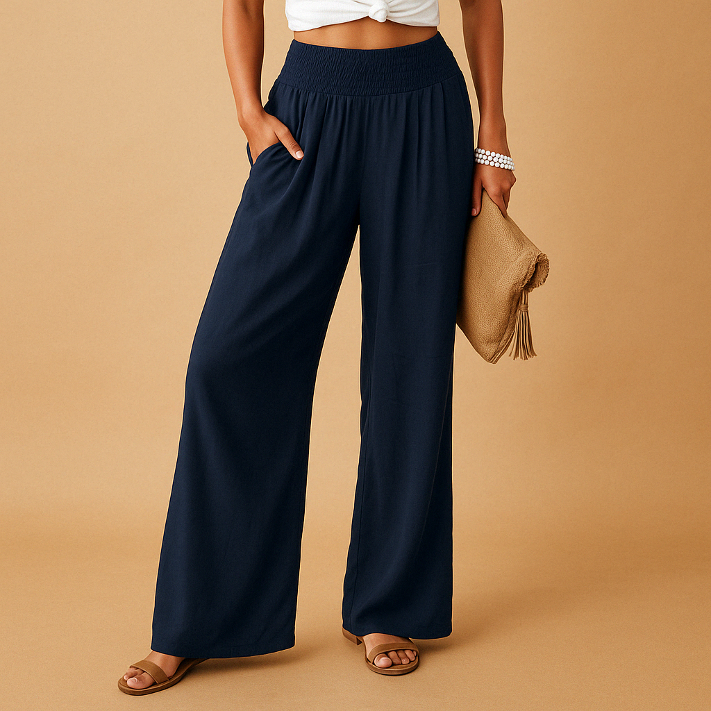 Damen-Leichte Sommerhose mit hoher Taille und weitem Bein – Atmungsaktiver, bodenlanger Stil mit elastischem Bund und Taschen für Urlaub, Reisen und Alltag