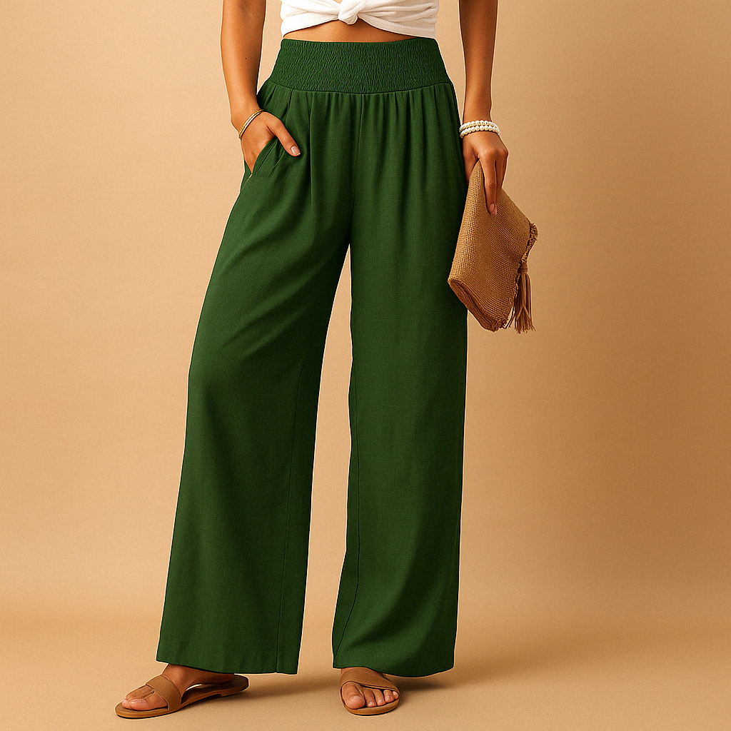 Damen-Leichte Sommerhose mit hoher Taille und weitem Bein – Atmungsaktiver, bodenlanger Stil mit elastischem Bund und Taschen für Urlaub, Reisen und Alltag