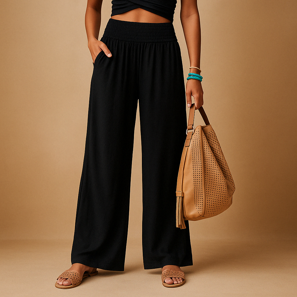 Damen-Leichte Sommerhose mit hoher Taille und weitem Bein – Atmungsaktiver, bodenlanger Stil mit elastischem Bund und Taschen für Urlaub, Reisen und Alltag