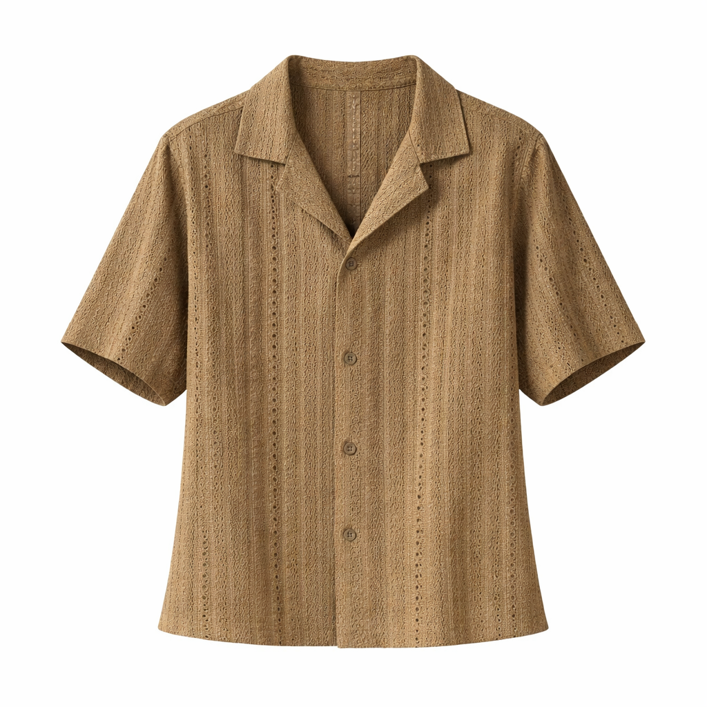 Camisa de hombre de manga corta con cuello abierto texturizado, top de botones para verano