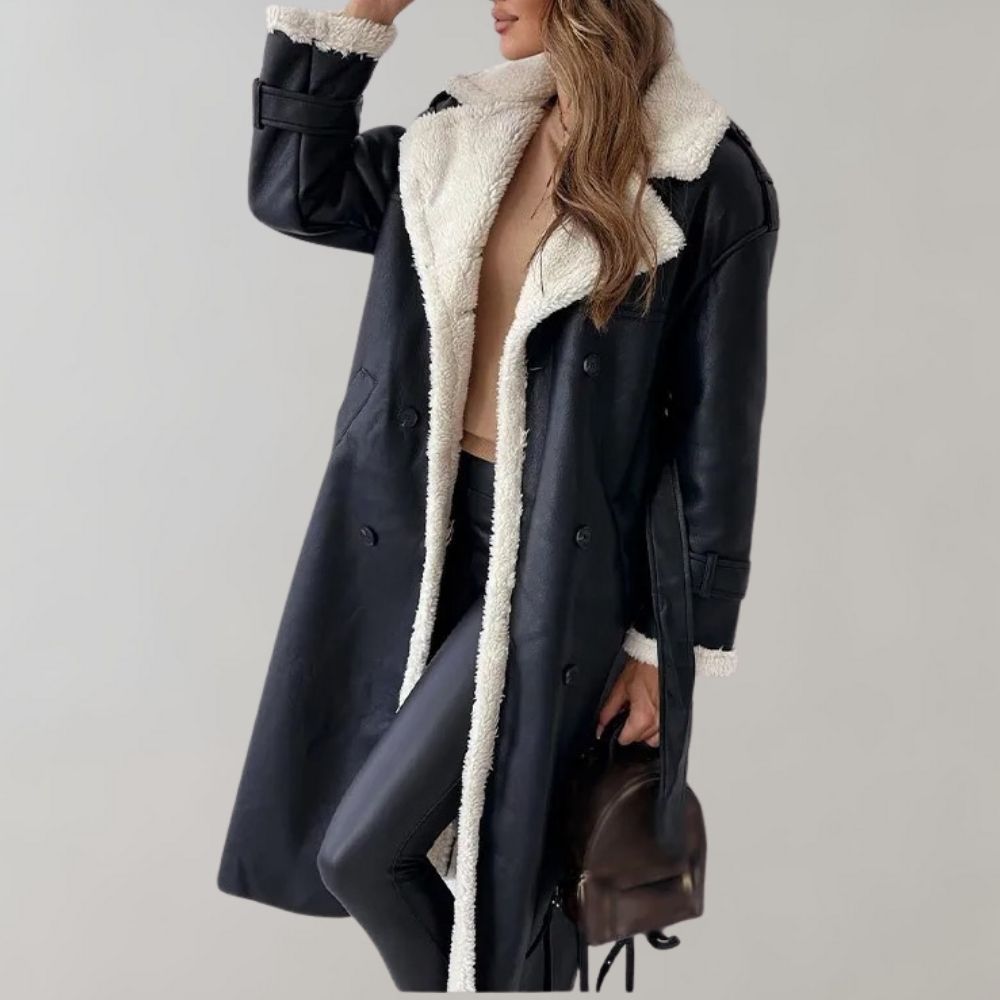 Women’s Shearling-Lined Long Coat – Double-Breasted Winter Layer with Belted Details