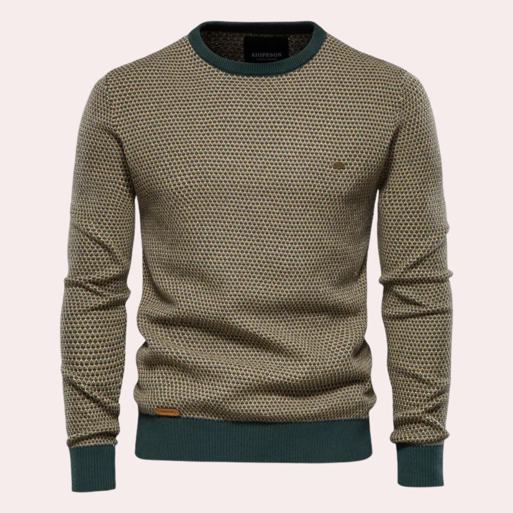 Herresweater med rund hals og tryk samt kontrastfarvet ribkant