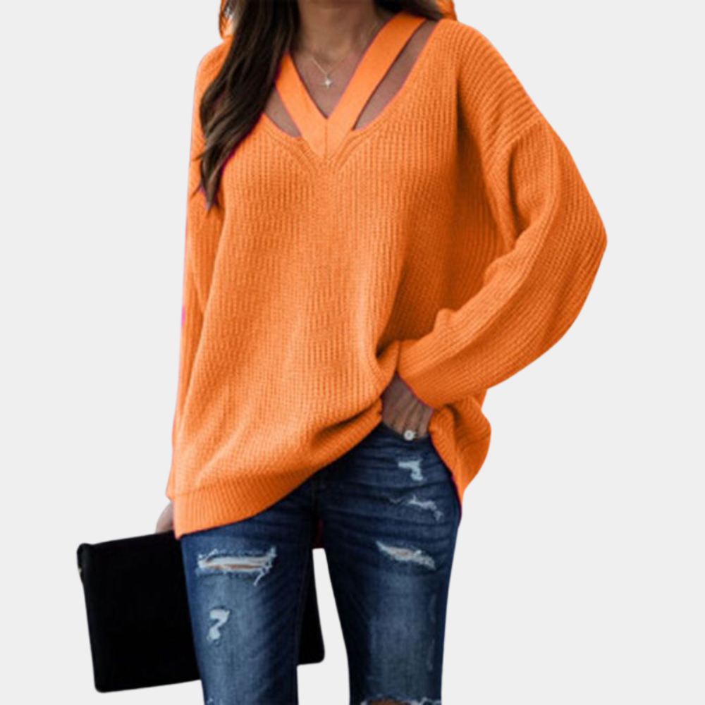 Women’s Cutout V-Neck Knit Top – Relaxed Long-Sleeve Style for Spring and Autumn