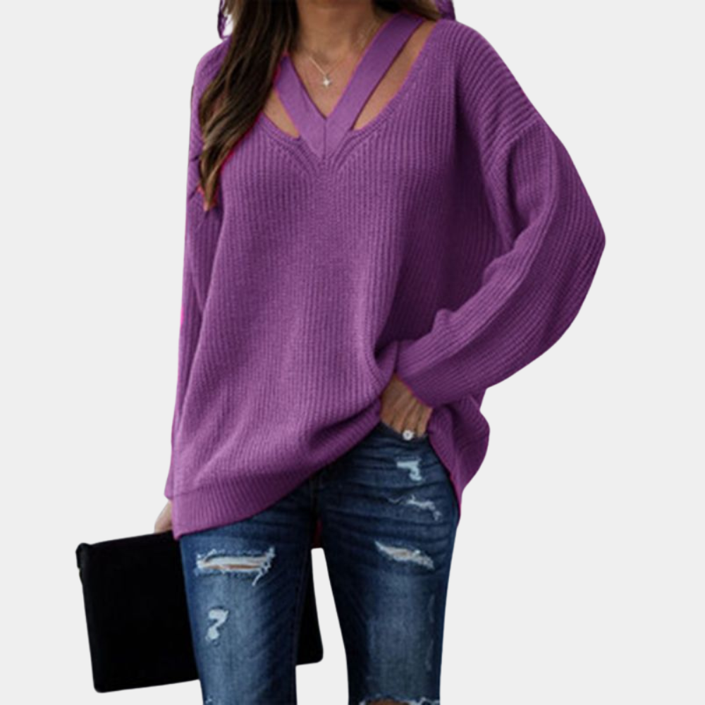 Women’s Cutout V-Neck Knit Top – Relaxed Long-Sleeve Style for Spring and Autumn