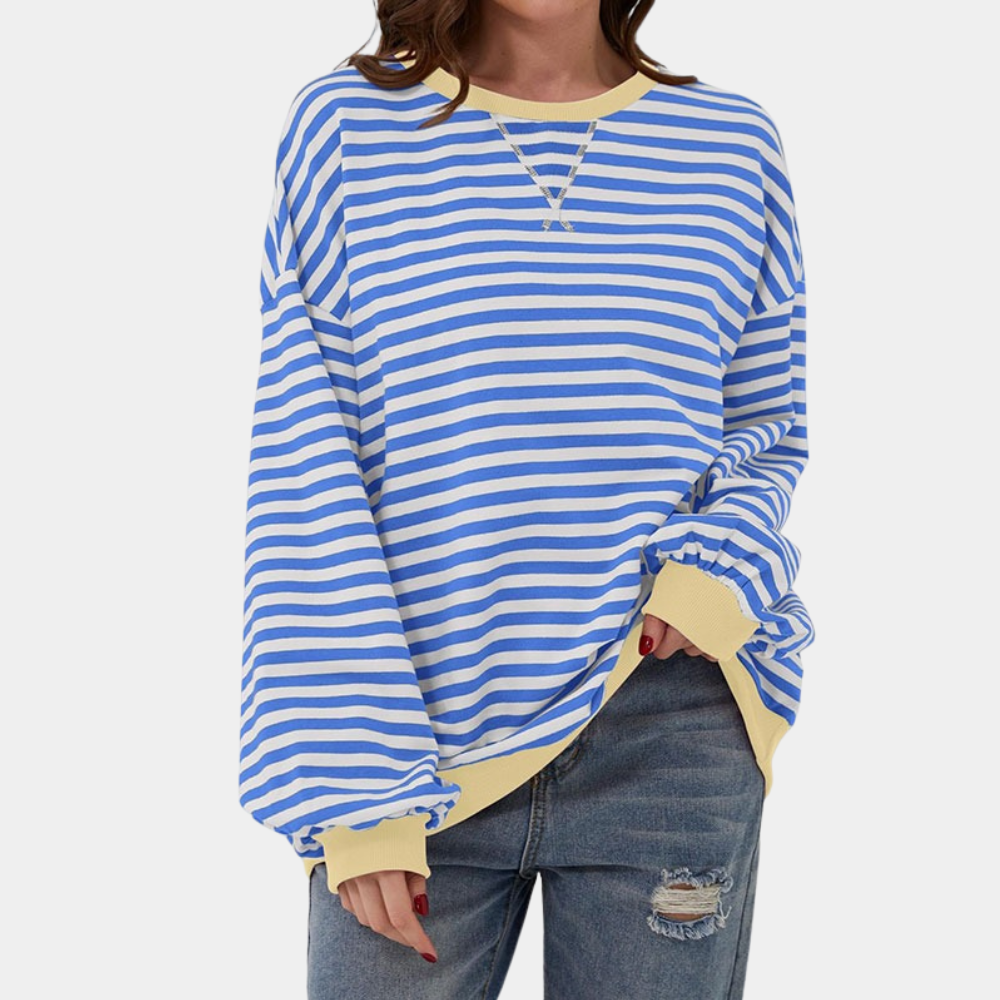 Camiseta de manga larga a rayas para mujer, de corte amplio, casual y cómoda