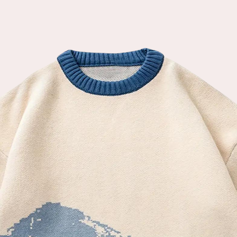 Herre oversized strikket sweater med print og ribbet kant