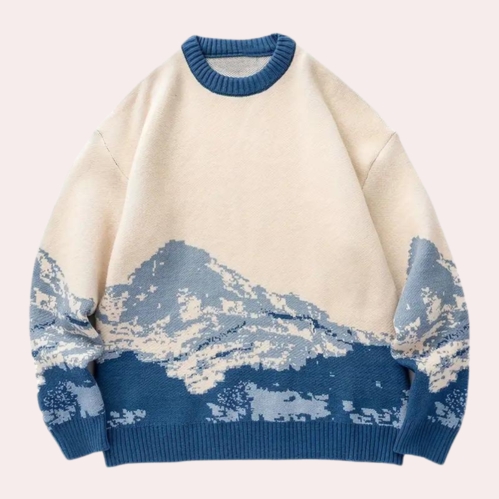 Herre oversized strikket sweater med print og ribbet kant