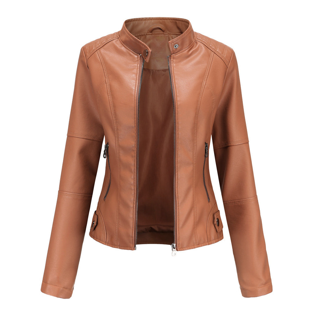 Women’s Faux Leather Biker Jacket – Fitted Zip-Up Layer for Autumn City Wear