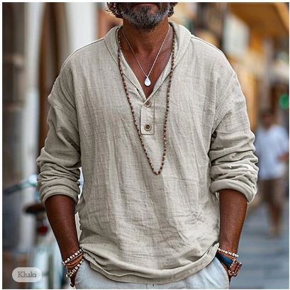 Men’s Long Sleeve Linen V-Neck Casual Summer Shirt