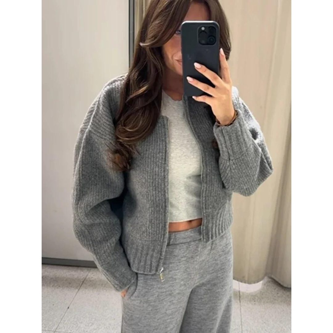 Gilet tricoté pour femme à fermeture éclair sur le devant – couche à col rond pour l’automne et l’hiver