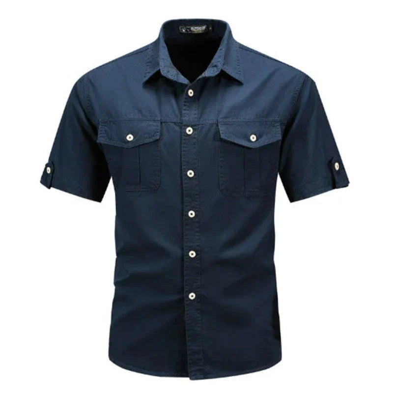 Cămașă bărbătească cu mânecă scurtă, tip cargo, cu nasturi, stil utilitar, respirabilă, casual, pentru exterior
