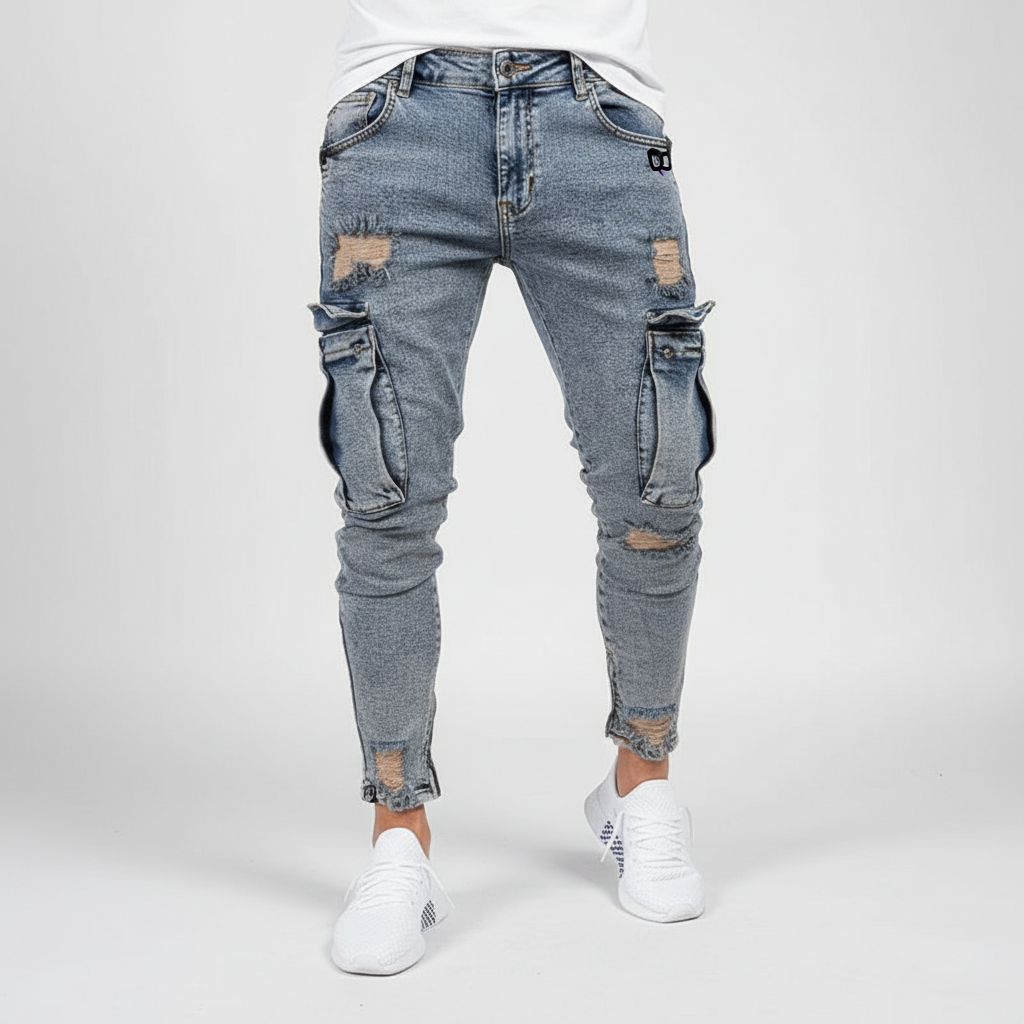Herre Taperede Denim Cargo Bukser – Utility Streetwear med Lårlommer