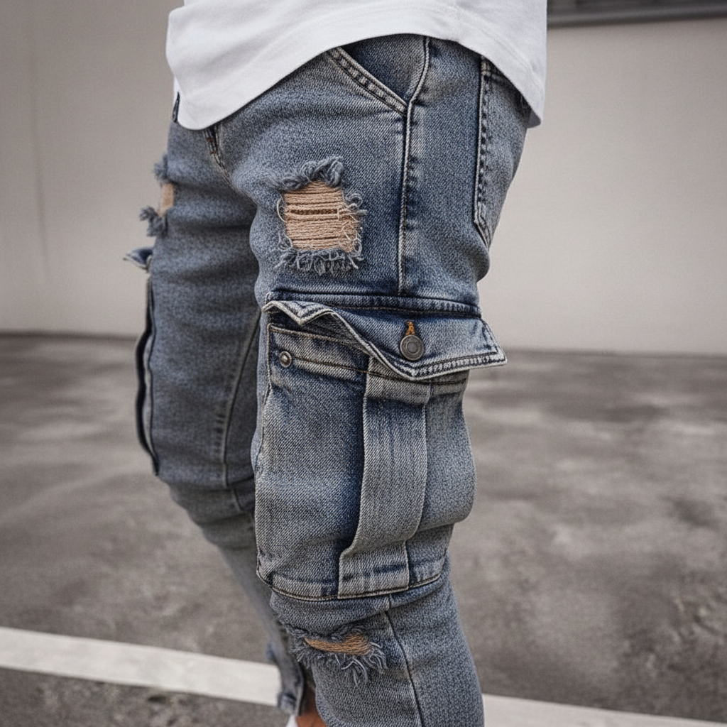 Herre Taperede Denim Cargo Bukser – Utility Streetwear med Lårlommer