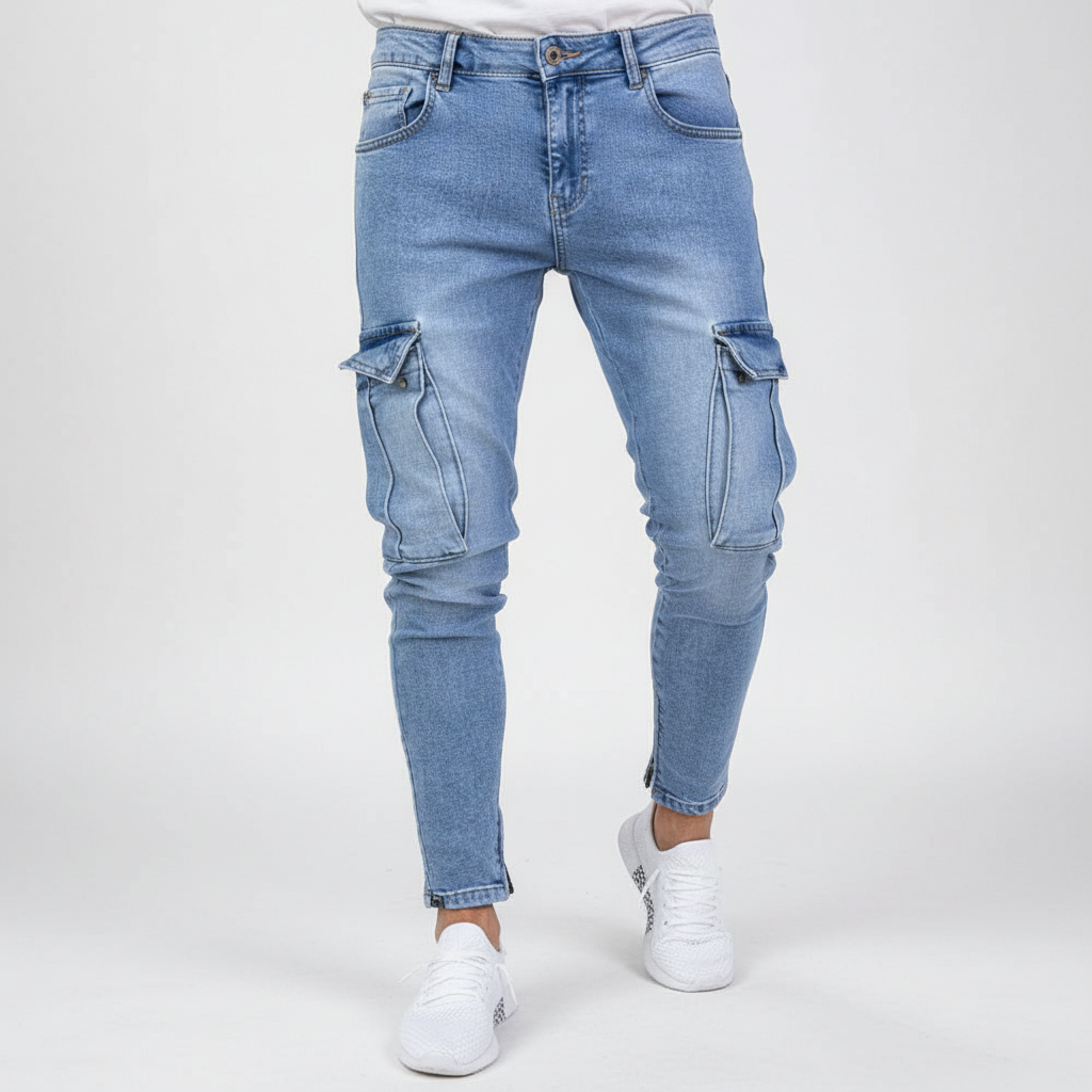 Herre Taperede Denim Cargo Bukser – Utility Streetwear med Lårlommer