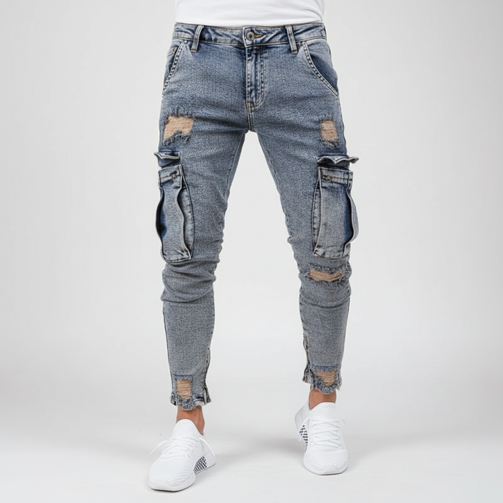 Herre Taperede Denim Cargo Bukser – Utility Streetwear med Lårlommer