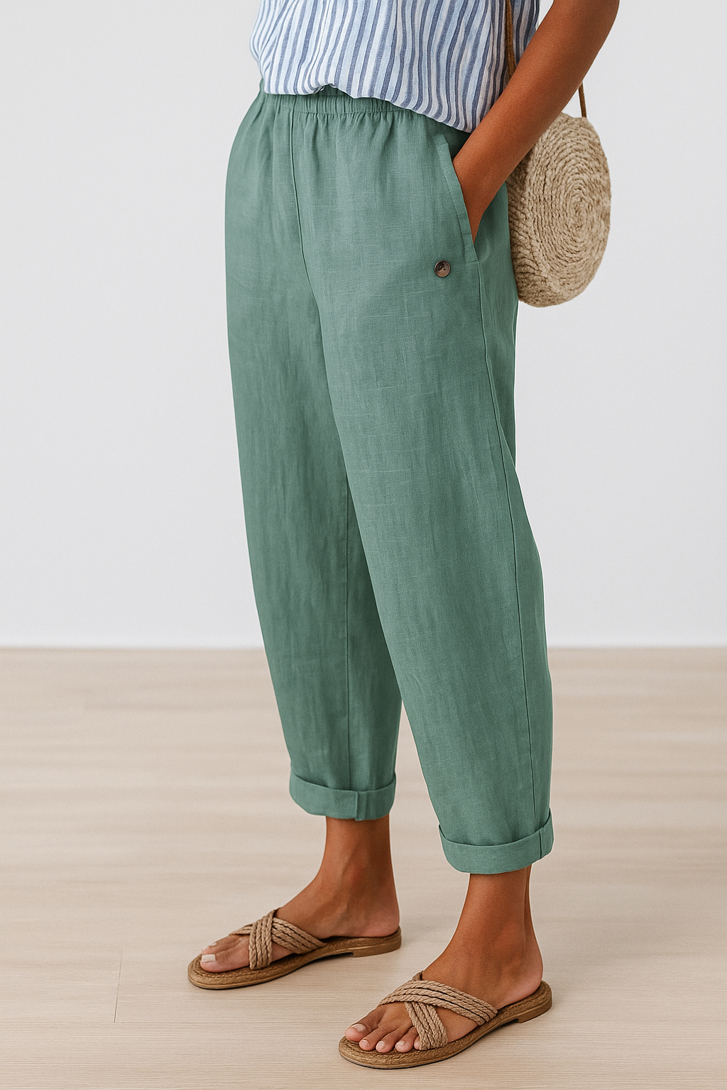 Dames relaxed cropped broek – zomerse broek met omslag en zakken