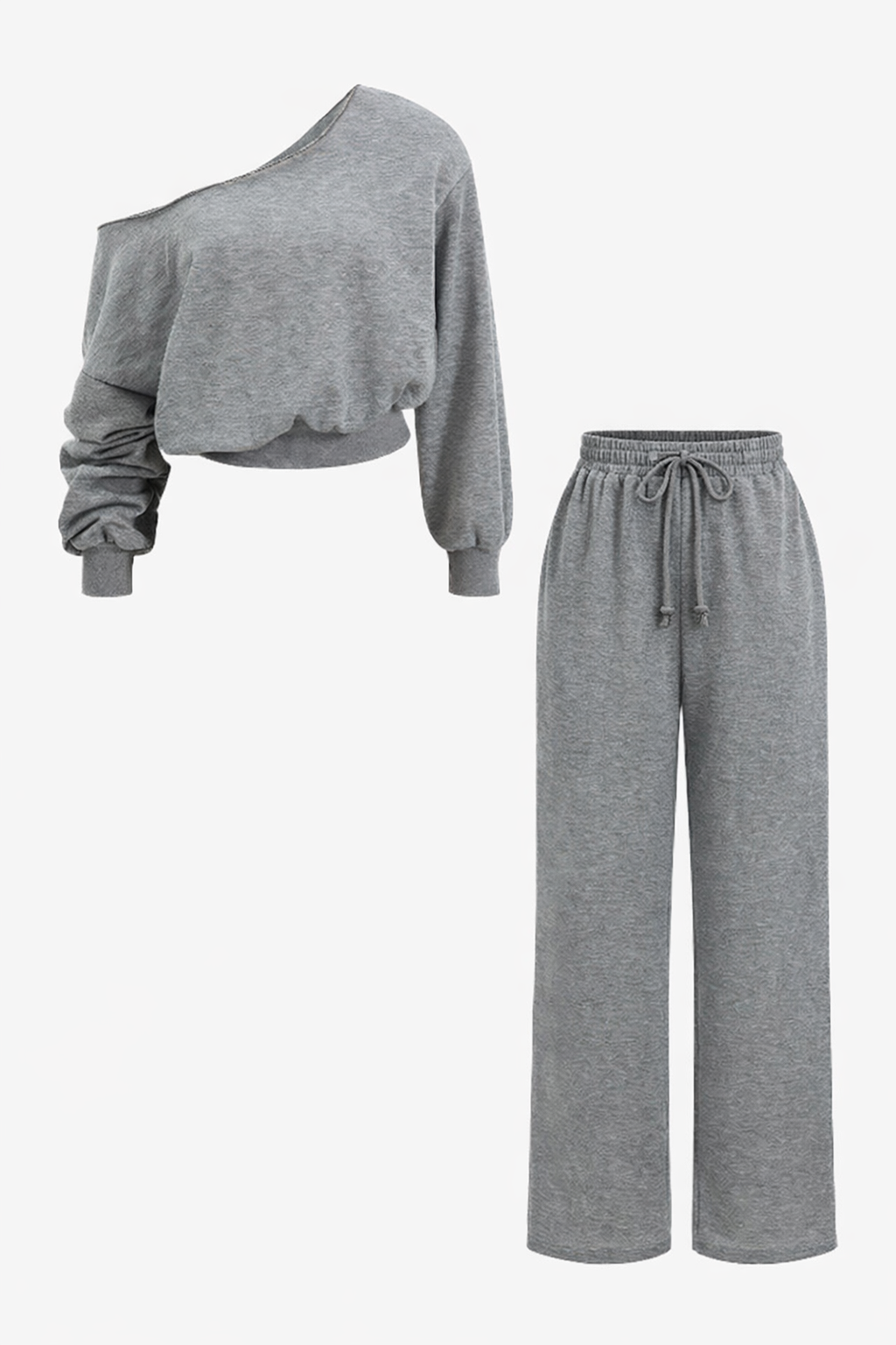 Tweedelige loungewearset voor dames met blote schouders - cropped sweatshirt met lange mouwen en broek met wijde pijpen en trekkoord voor een casual look voor elke dag