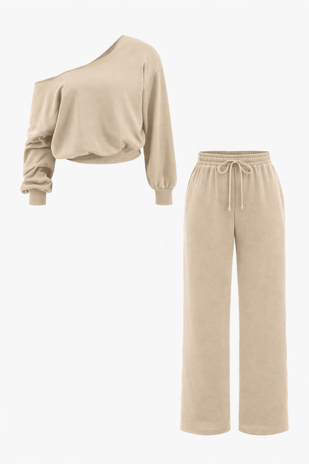 Tweedelige loungewearset voor dames met blote schouders - cropped sweatshirt met lange mouwen en broek met wijde pijpen en trekkoord voor een casual look voor elke dag
