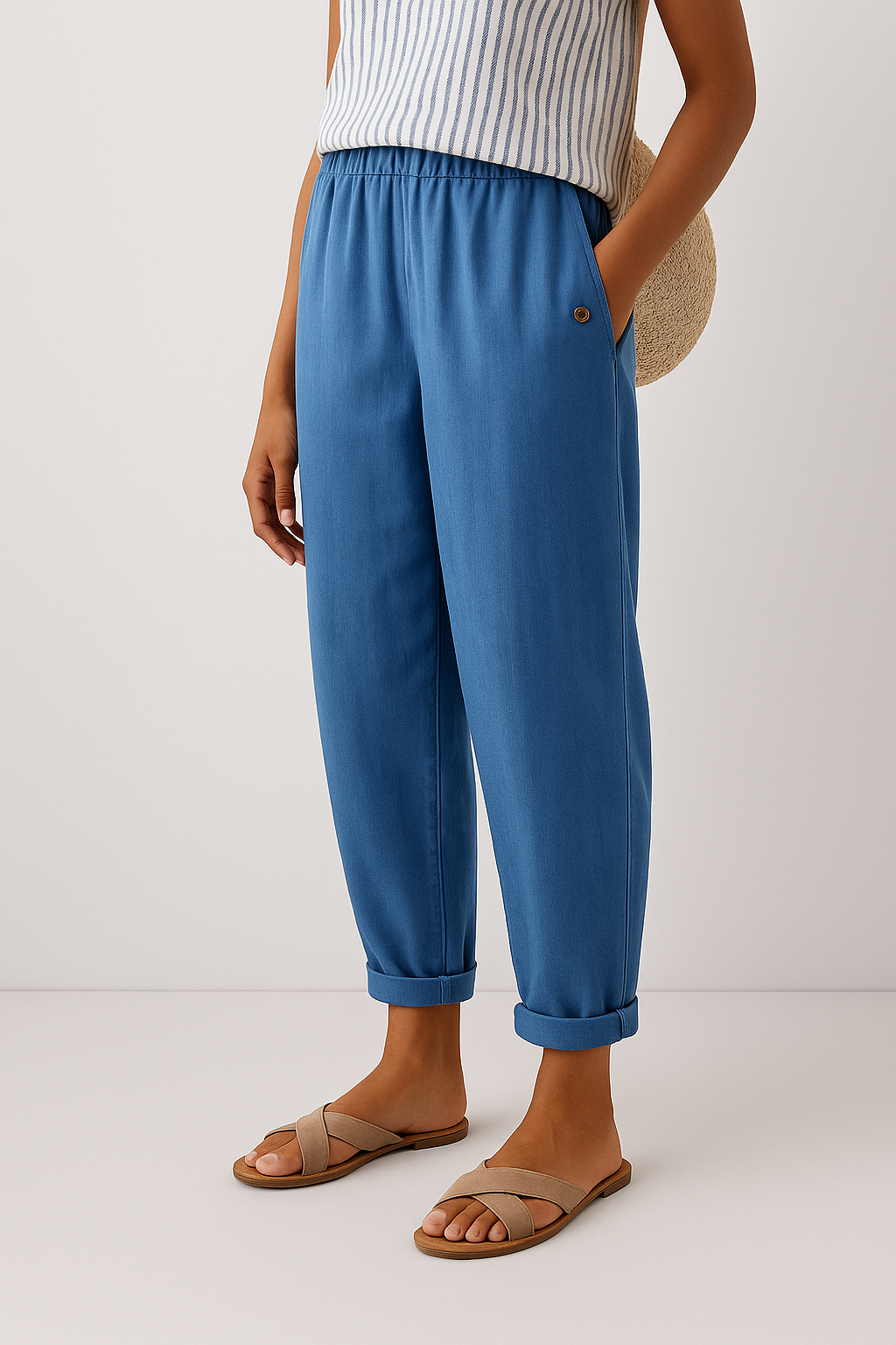 Dames relaxed cropped broek – zomerse broek met omslag en zakken