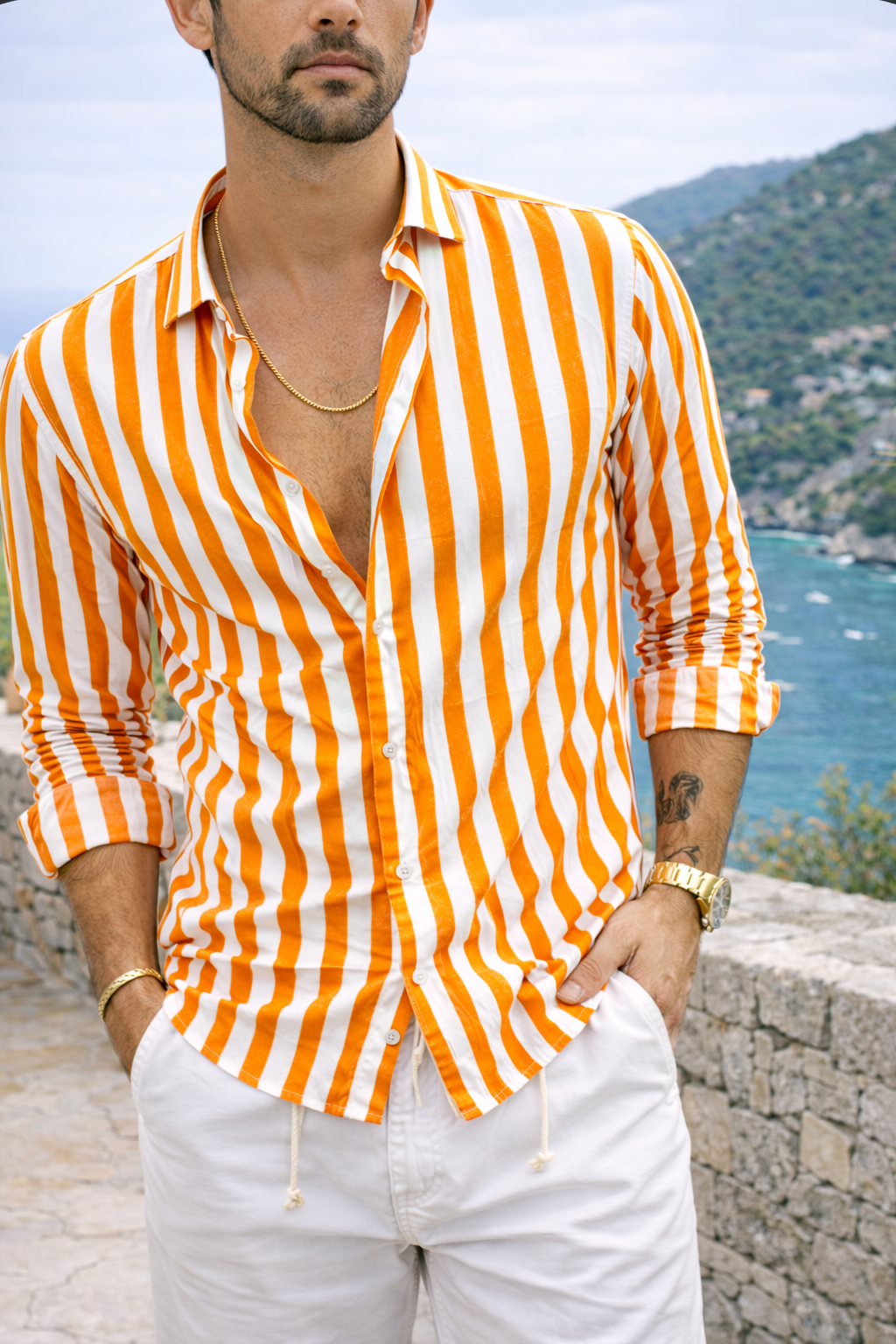 Men’s Striped Button Shirt Long Sleeve Resort Style