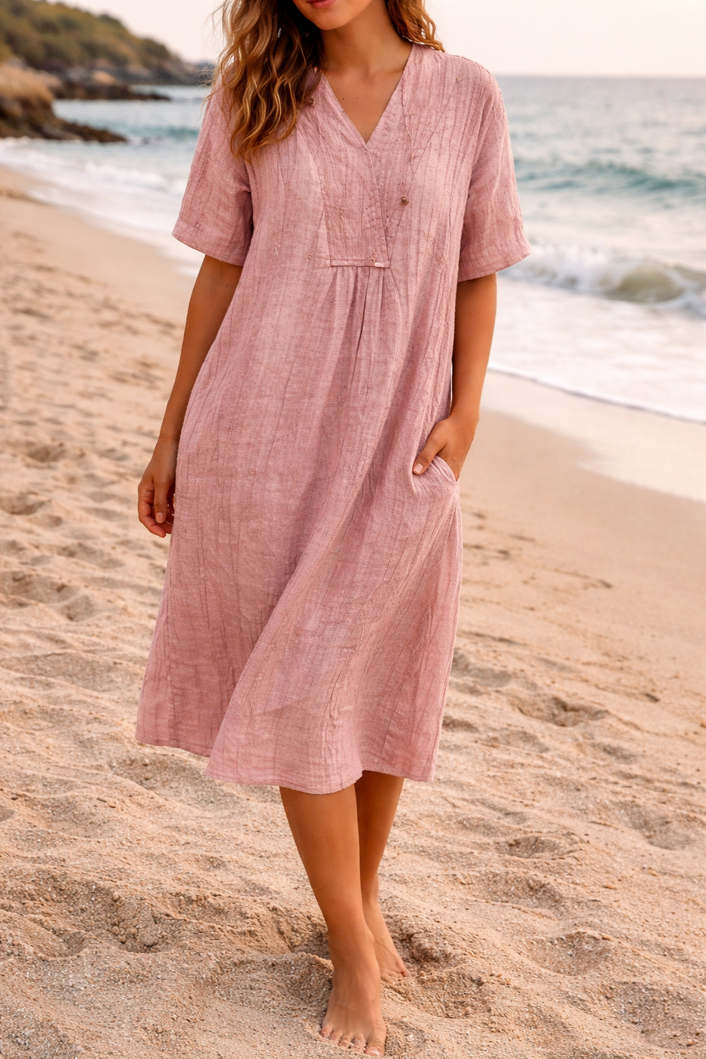 Women’s Linen Midi Dress Relaxed V Neck Silhouette