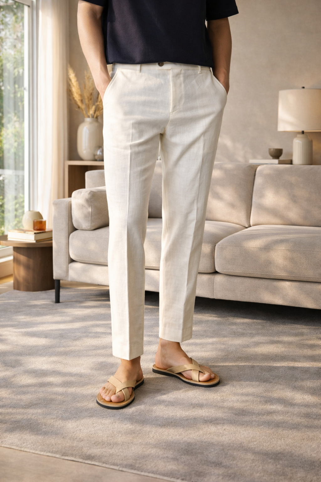 Men’s Linen Blend Tailored Trousers Straight Leg Smart Casual Pants