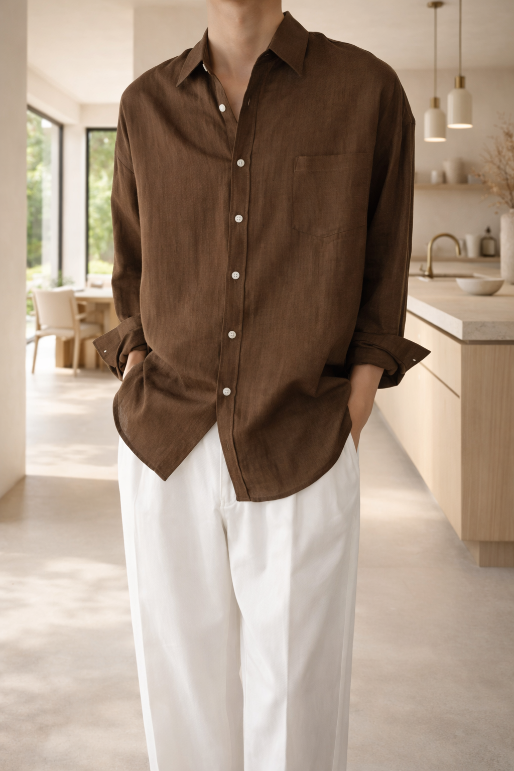 Camisa de manga larga para hombre, mezcla de lino, casual con botones al frente