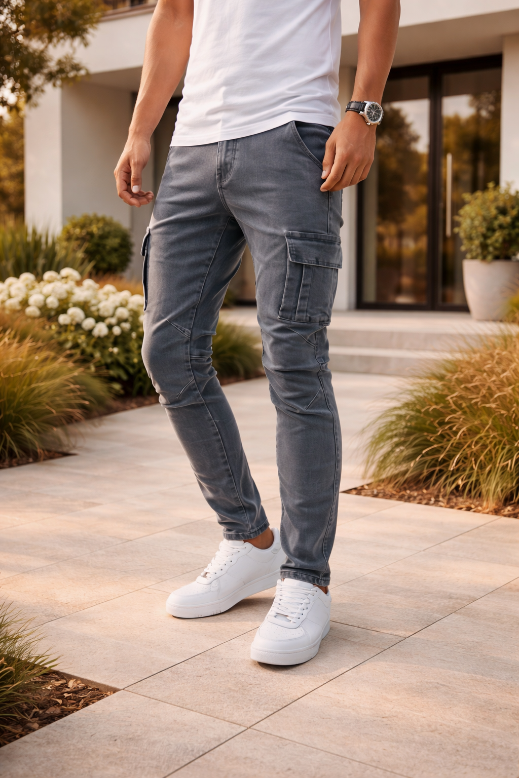 Herre Slim Fit Cargo Jeans Moderne Utility Denim Stil