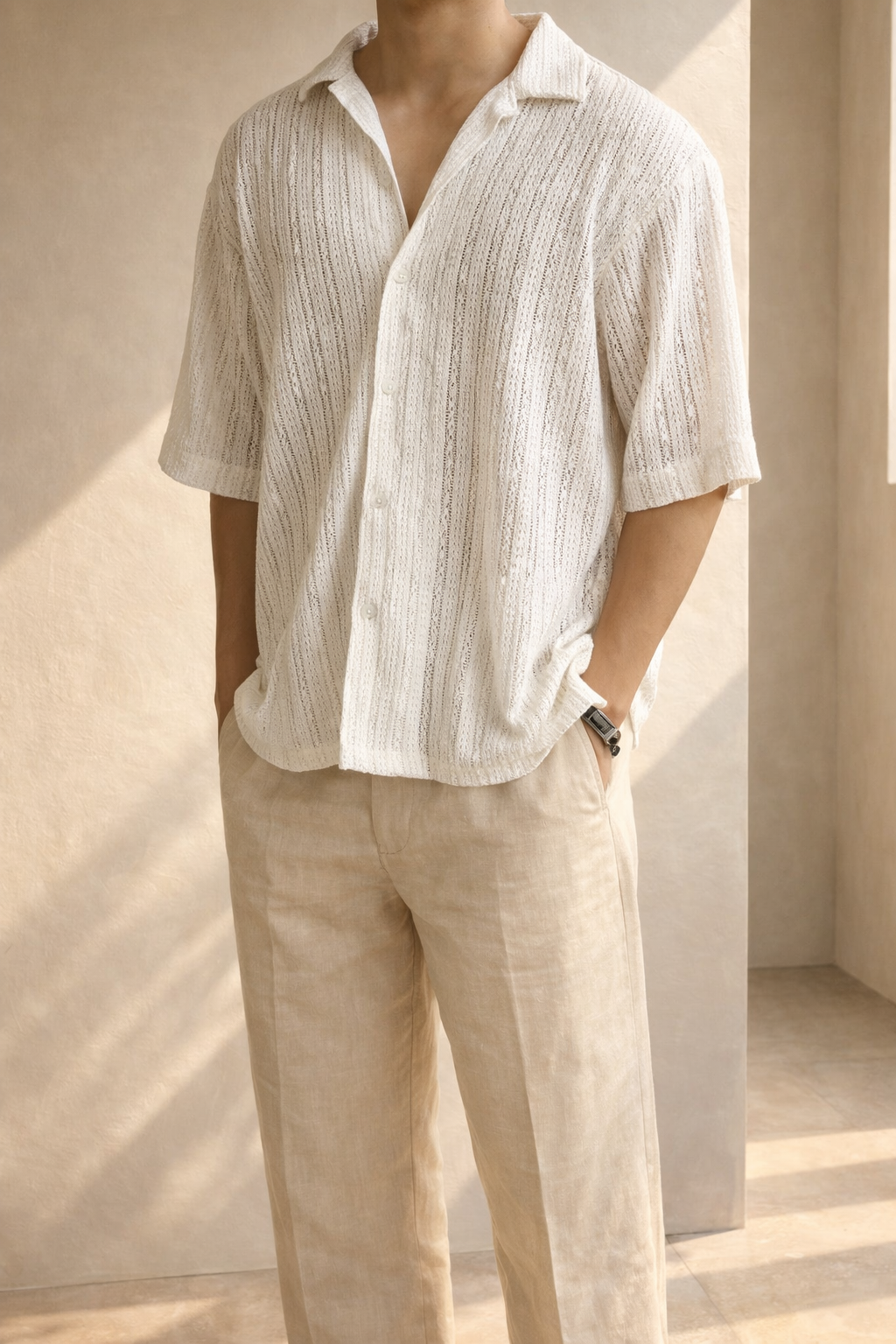 Men’s Textured Open Knit Short Sleeve Button-Up Shirt