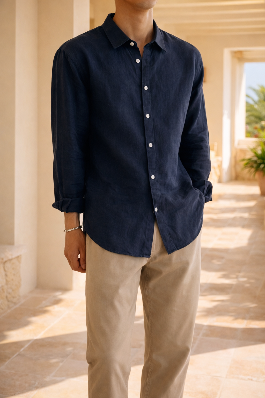 Camicia da uomo in lino con bottoni, stile casual elegante e rilassato