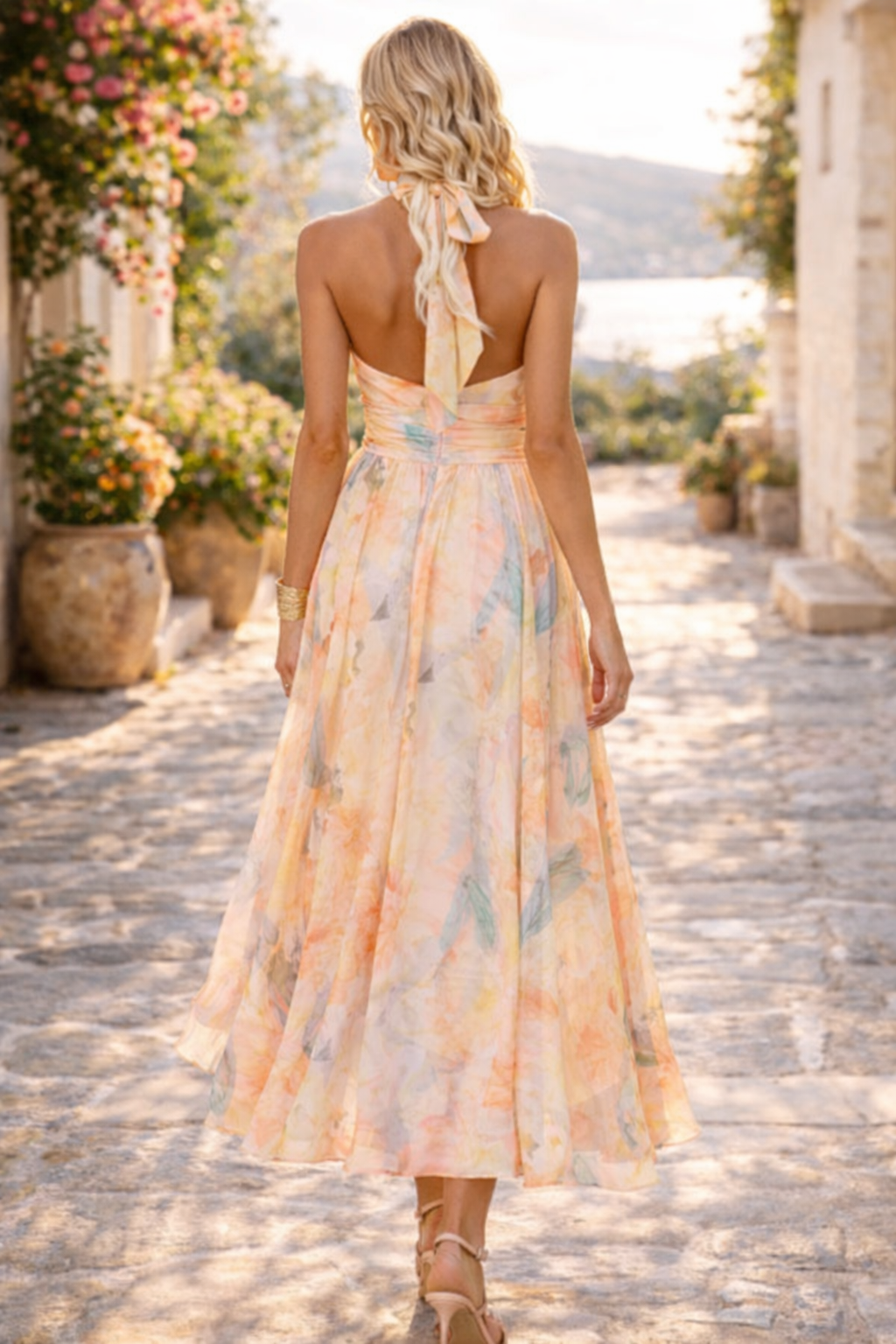 Women’s Halter Neck Floral Maxi Dress with Pleated Skirt