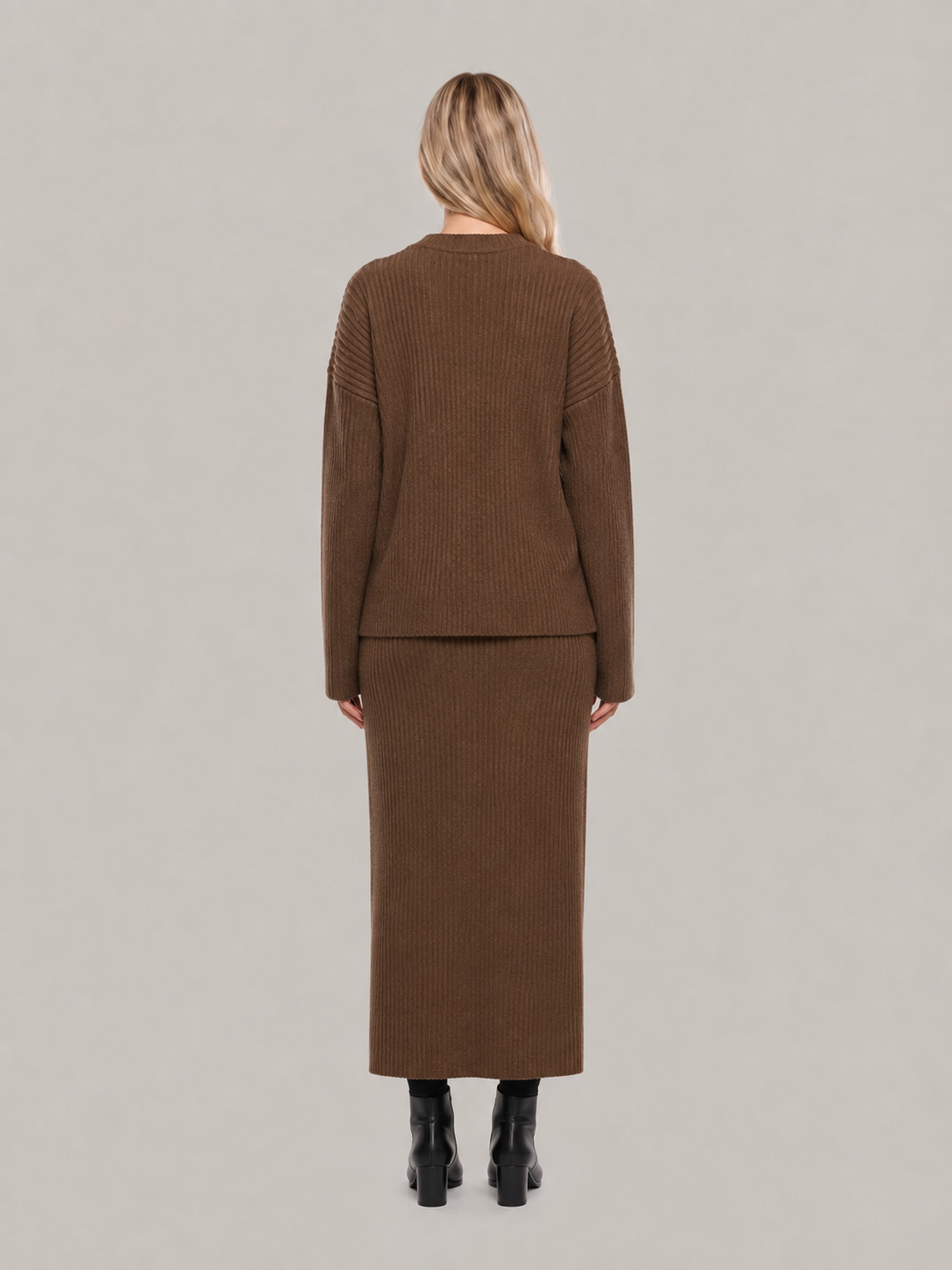 Conjunto de dos piezas de punto acanalado para mujer - Suéter holgado de cuello redondo con falda larga entallada para el otoño