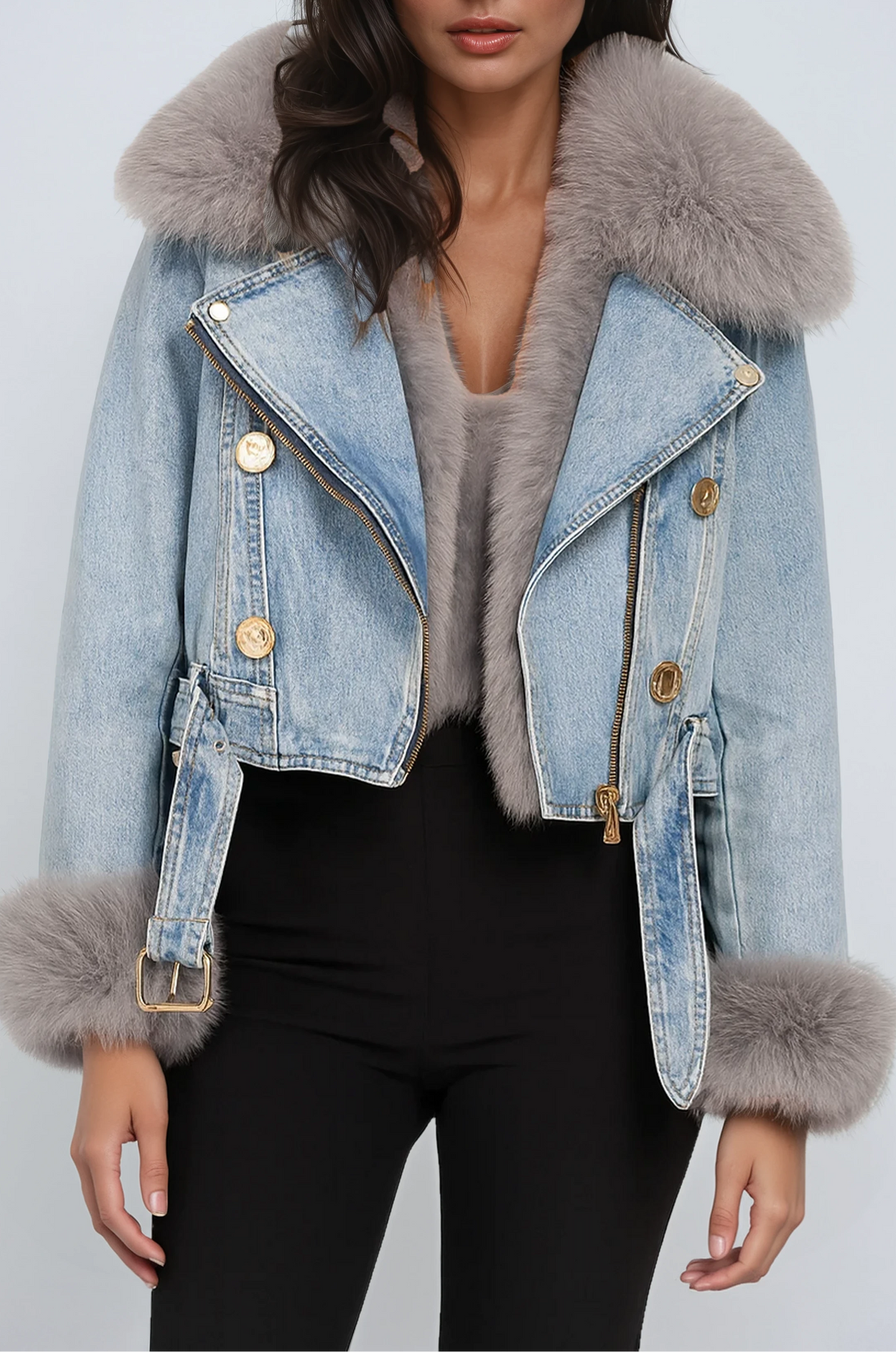Jachetă din denim scurtată pentru femei, cu guler și manșete din blană pufoasă – îmbrăcăminte exterioară casual călduroasă pentru iarnă, cu detalii distinctive
