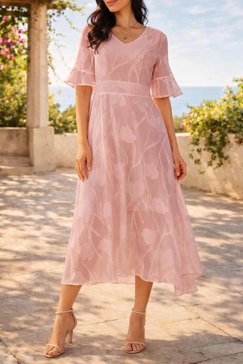 midi dress with overlay Women’s Sheer Flutter Sleeves Featuring a structured strapless Rose and Rose Daisy Color:Chantilly Summer 26 Sample Sale