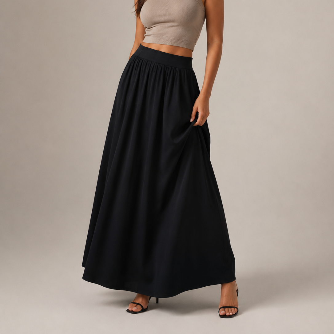 Vloeiende maxi-rok met hoge taille voor dames - gerimpeld A-lijnmodel voor werk, vakanties en avondkleding