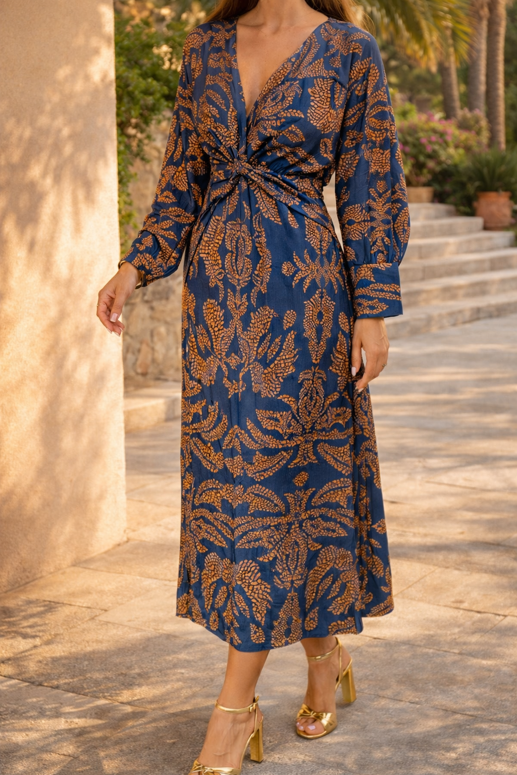 Women’s Long Sleeve Midi Dress with Printed Twist Waist