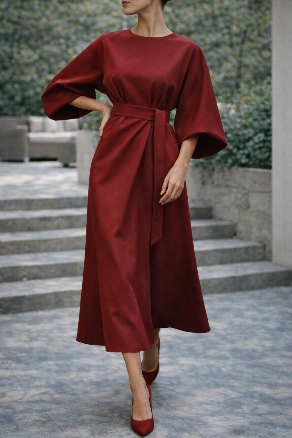 Abito midi da donna con cintura e maniche larghe