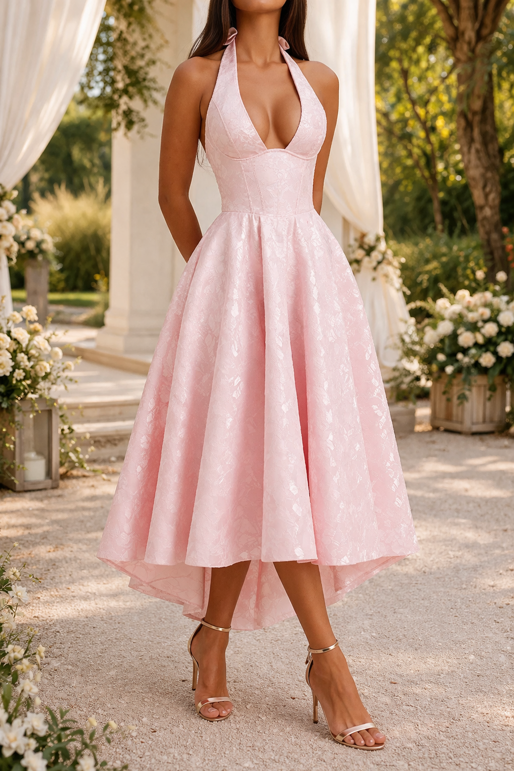 Dame Halterneck Jacquard Midi Kjole Elegant Til Særlige Anledninger
